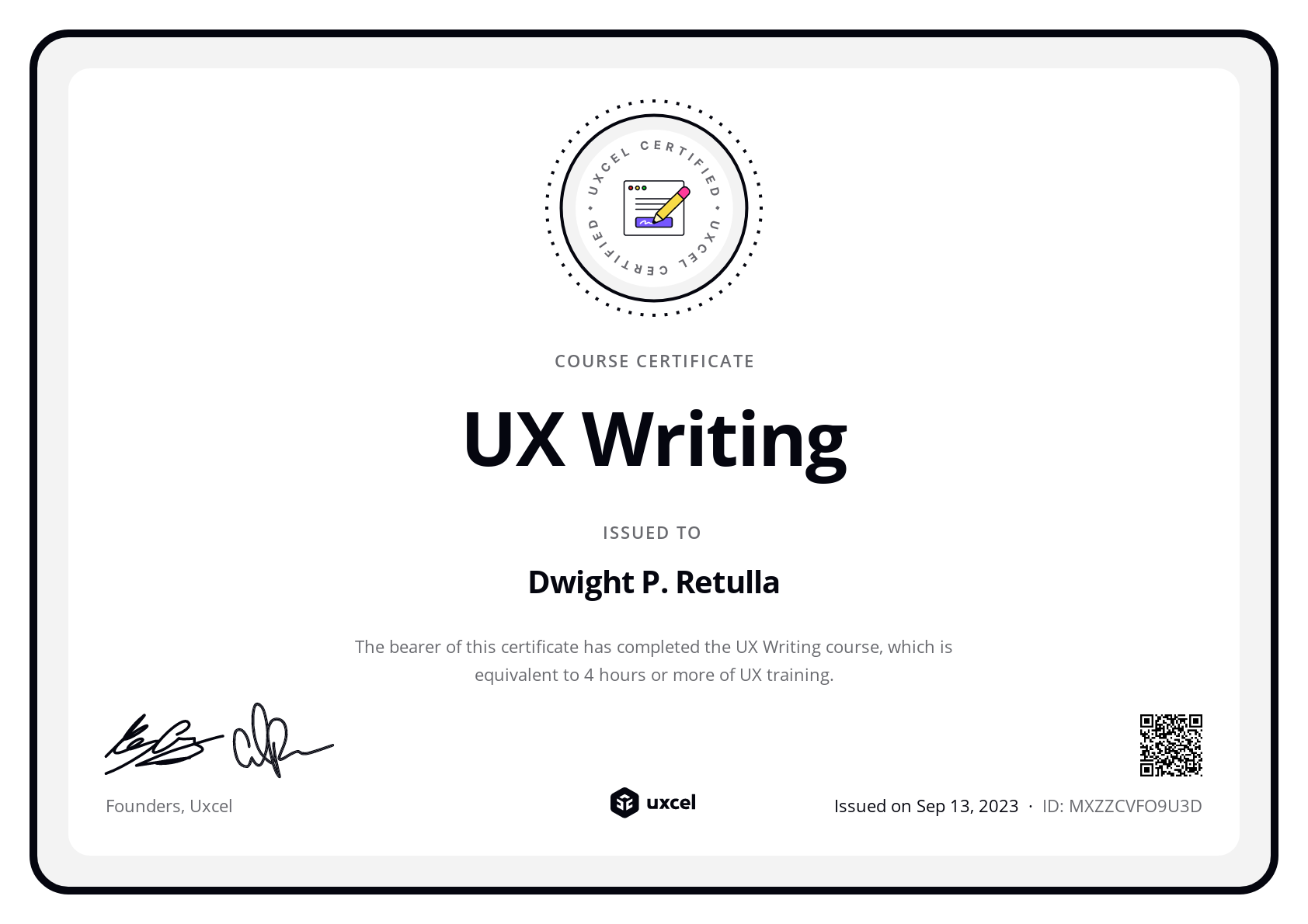 Dwight P. Retulla's certificate